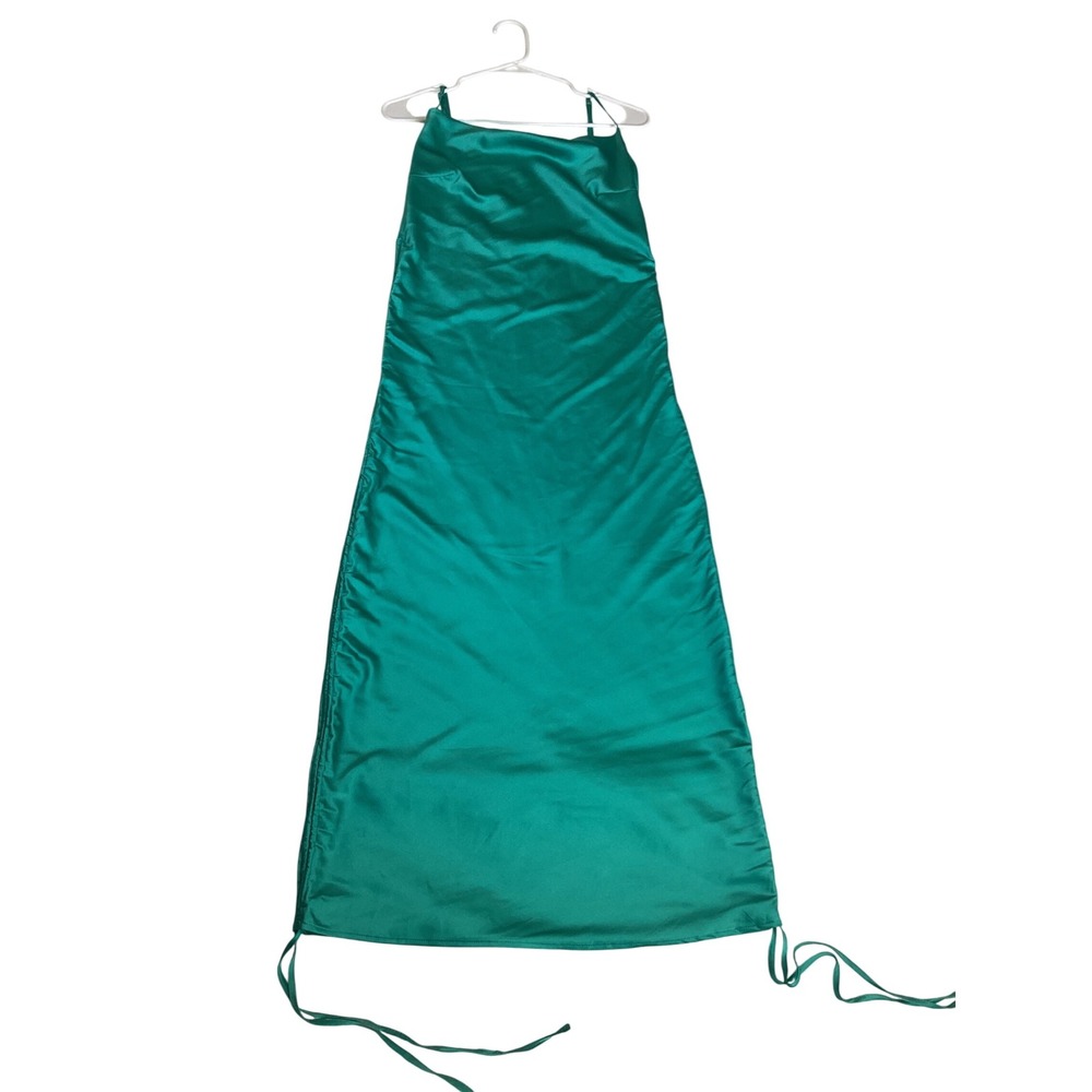 Mable Green Satin Slip Dress Women's Small Cowl Neck Ruched Side Midi Gown‎